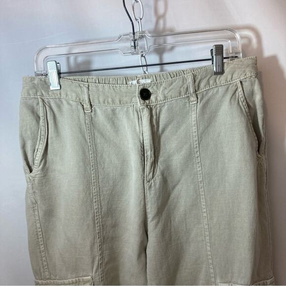 Nicole Miller Linen Lyocell Cuffed Khaki Tan Tapered Straight Leg Cargo Pants - Picture 2 of 12